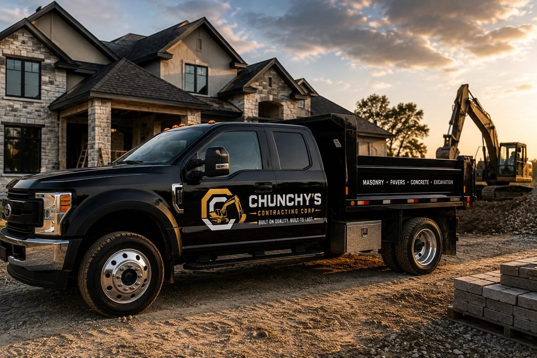 Chunchy's Contracting Corp dump truck parked at a completed masonry project